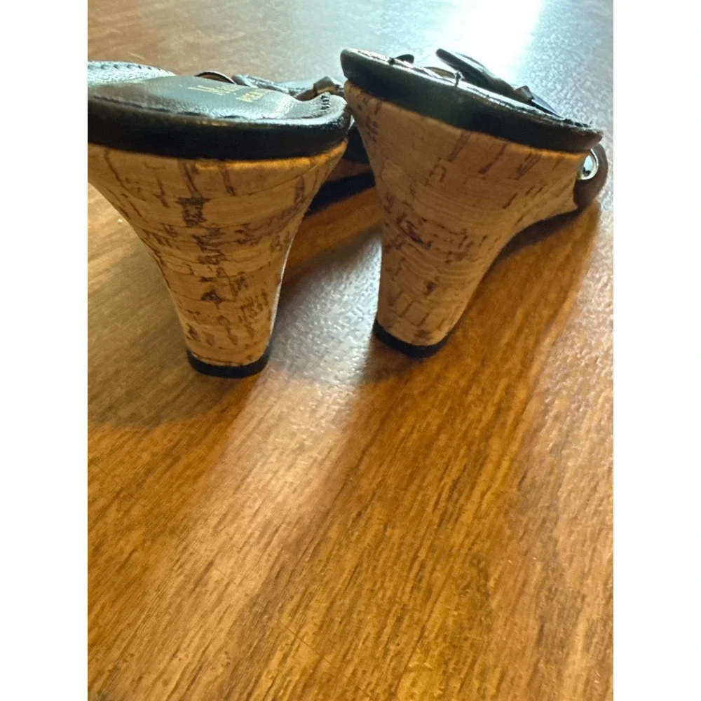 Massimo Baldi Black Leather Bow‎ Cork Wedge Sandals Made in Italy Womens Size 9